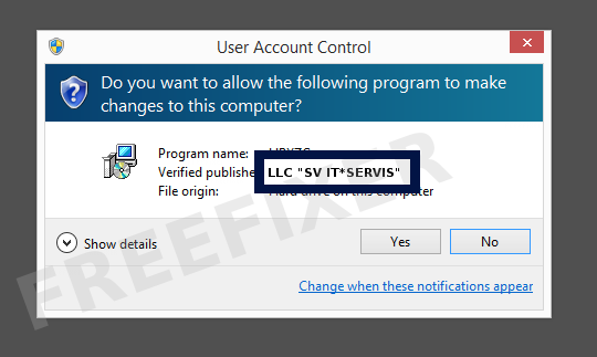 Screenshot where LLC "SV IT*SERVIS" appears as the verified publisher in the UAC dialog